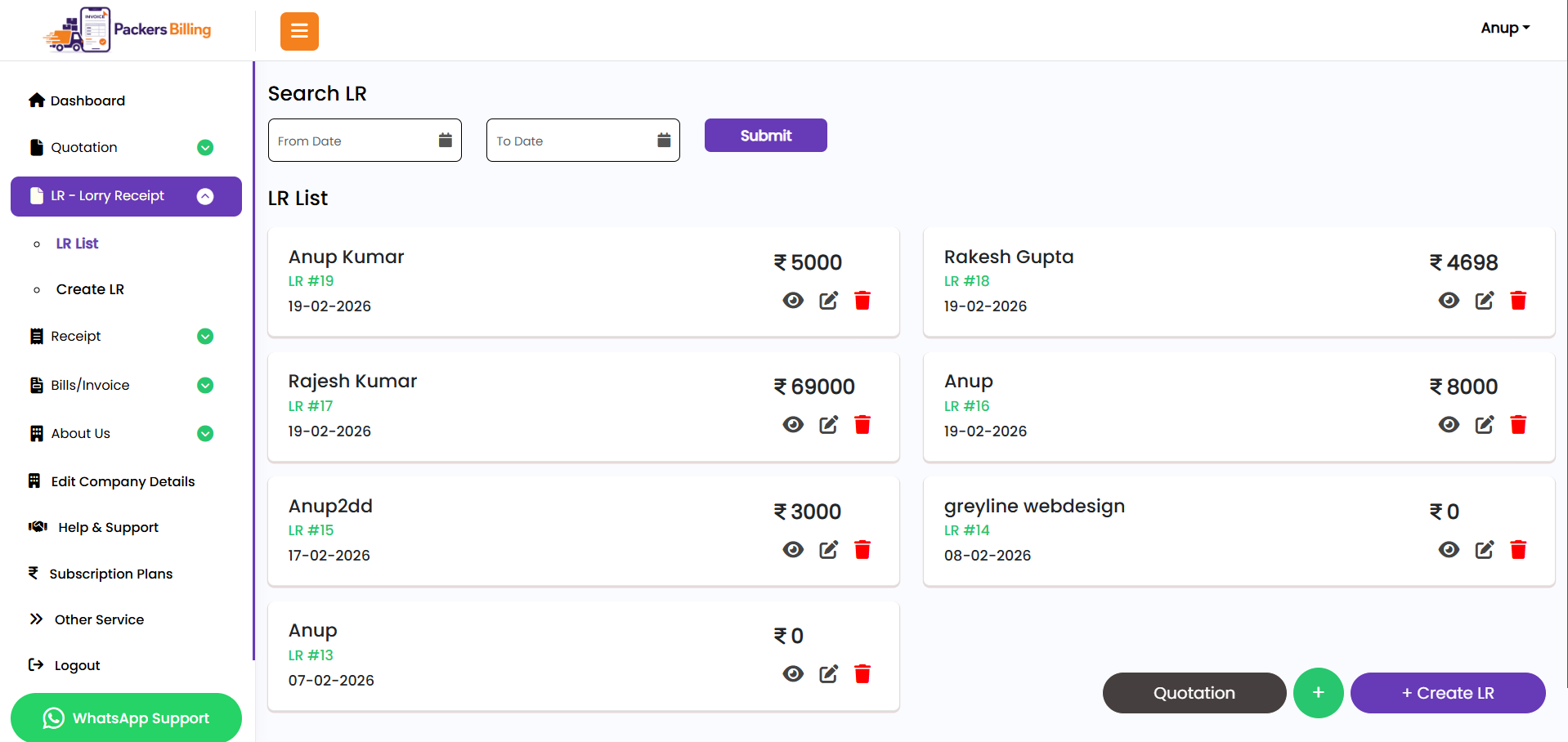 Packers Billing Dashboard - Best Bilty Software